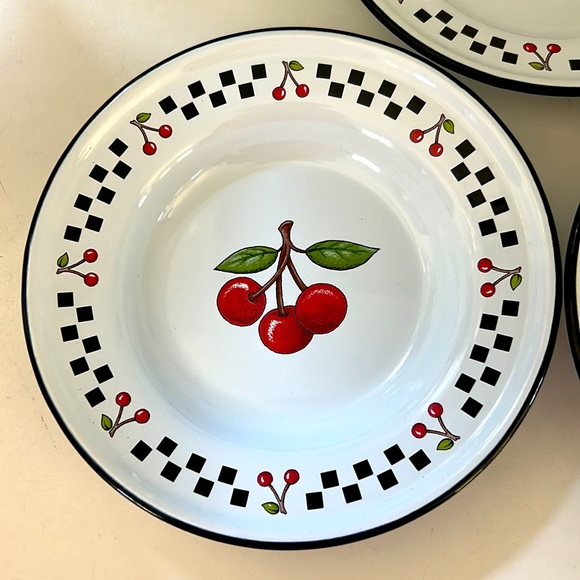Vintage Mary Engelbreit 3 Cherries Salad Plates Enamelware Black white Checks - Picture 4 of 5